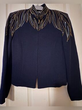 St. John Navy  Zip-Front Jacket with Gold and Silver Stud Detailing